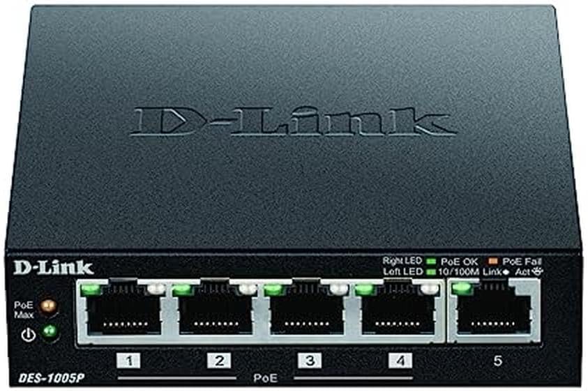D-Link DES-1005P Fast Ethernet Switch (5-Port Layer2, 10/100 Mbit/s, PoE, einfache Plug & Play-Insta