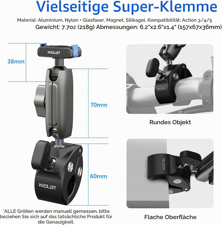 Super-Klemmhalterung Fahrrad-/Motorradhalterung für DJI Osmo 360/Action 5 Pro/4/3/Pocket 3 | Magneti