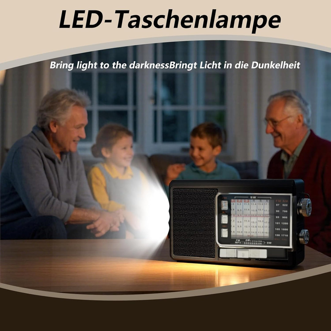 Kleines Radio mit Solarpanel & 1200mAh Akku, AM/FM/SW1-6 Empfänger mit 8W-Lautsprecher/TWS/USB/TF/Ta