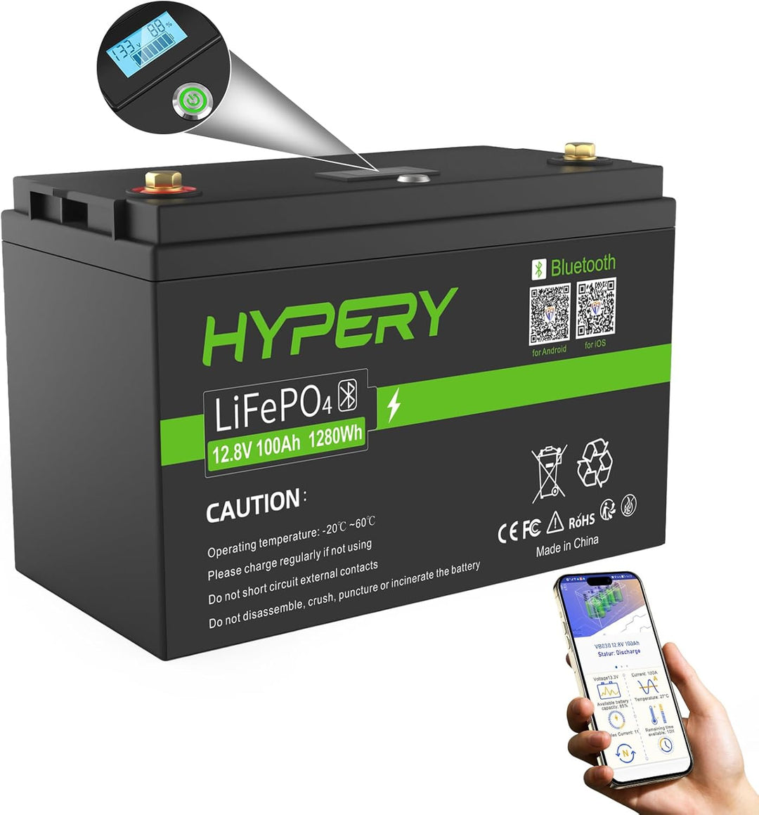 Smart 12V 100Ah LiFePO4 Batterie mit Bluetooth, LED-Display, Startschalter und BMS, perfekte Lithium