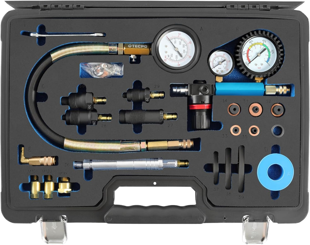 TECPO Profi Kompressionstester Druckverlust Tester Motoren Prüfer kompatibel mit Diesel- und Benzinm