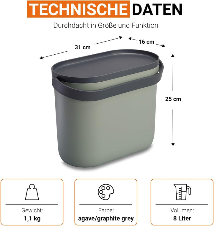 GARANTIA NOVA Biomülleimer Küche 8L Agave/Graphite Grey - Geruchsdichter Komposteimer für Küchenabfä