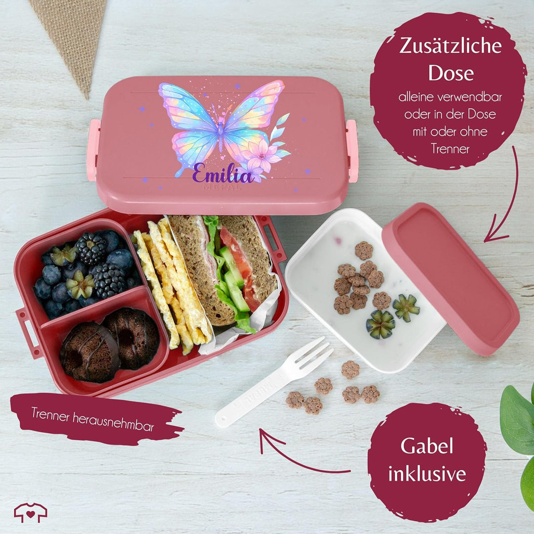 Kinder Bento Box Midi Lunchbox für Mepal Bentobox - Brotbox Schmetterling Schulkind Geschenk mit Nam
