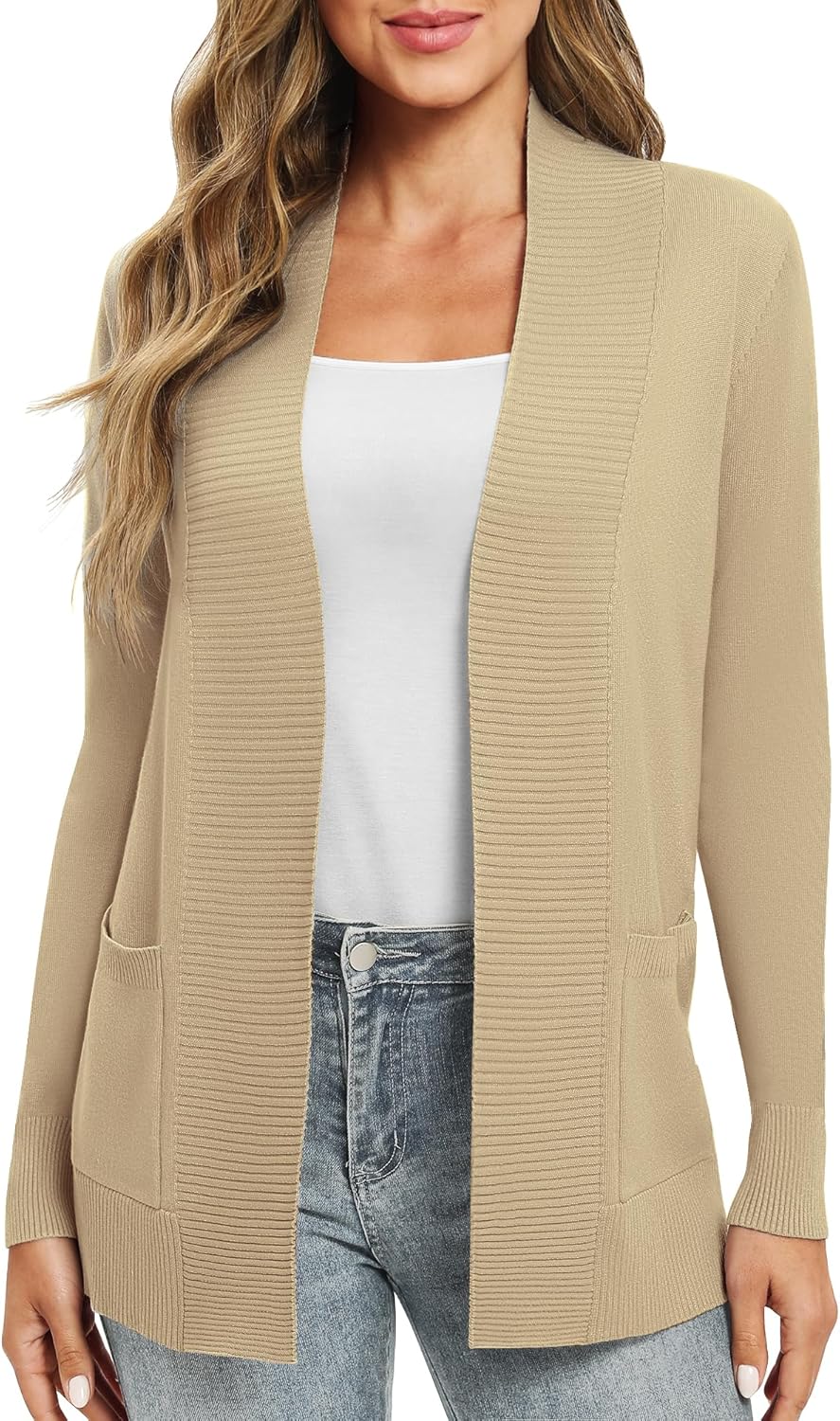 EXCHIC Damen Lange Ärmel Gestrickt Strickjacke Leicht Gemütlich Offene Vorderseite Lange Freizeitjac