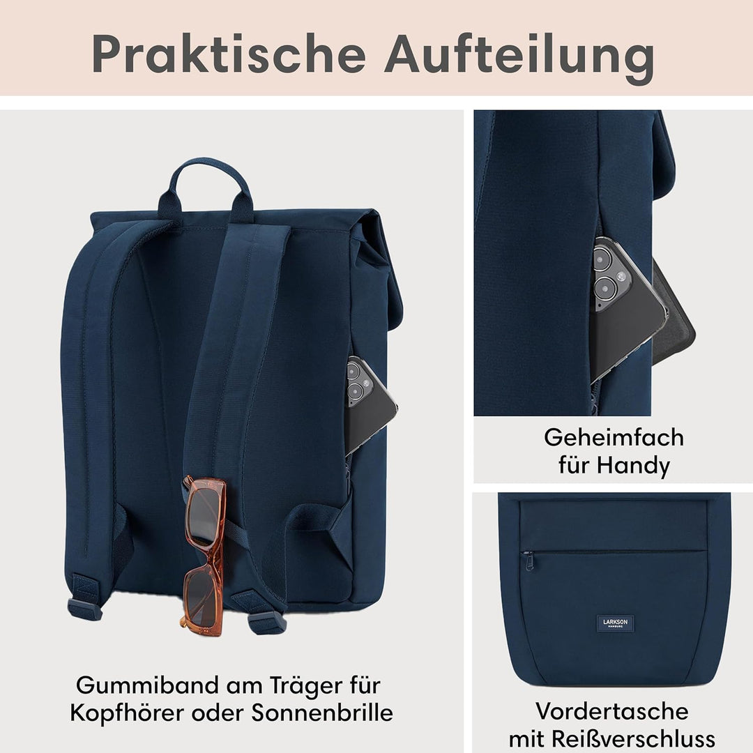 LARKSON Rucksack Damen Klein Blau - Ronja - Moderner Tagesrucksack mit Laptopfach für Uni Business C