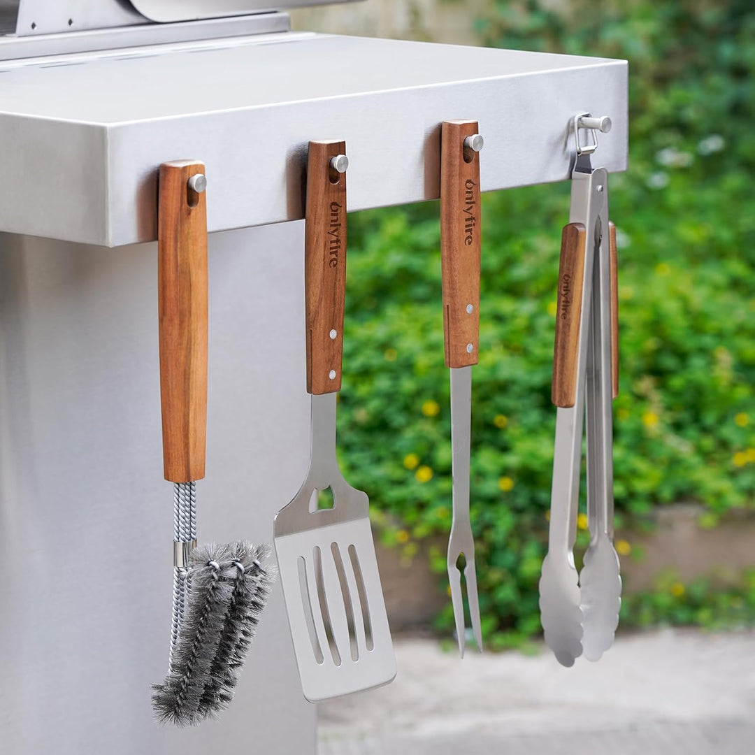 onlyfire Grillbesteck Set 4-TLG, Grill Zubehör Set Enthält Grillzange, Grillwender, Fleischgabel und