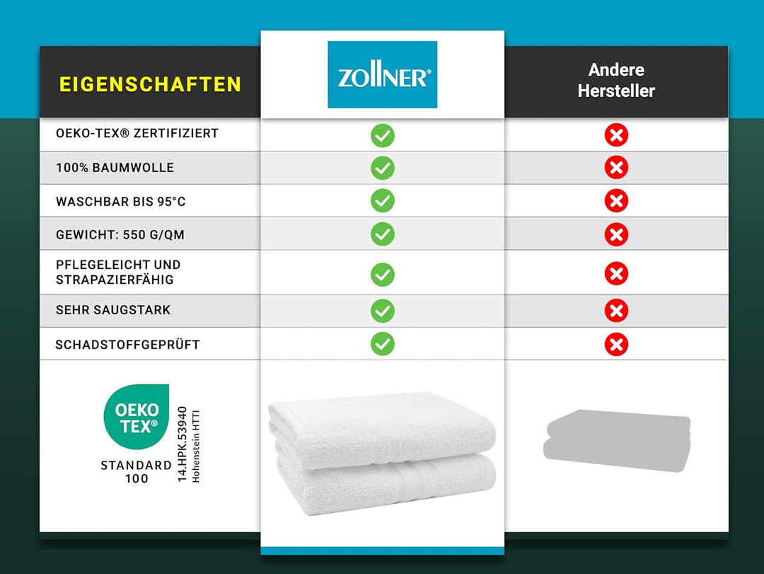 ZOLLNER 2er Set Badetücher, 100x150 cm, 100% Baumwolle, 550g/qm, weiss 100 x 150 cm Weiss, 100 x 150