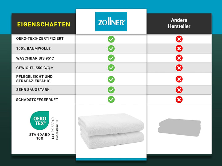 ZOLLNER 2er Set Badetücher, 100x150 cm, 100% Baumwolle, 550g/qm, weiss 100 x 150 cm Weiss, 100 x 150