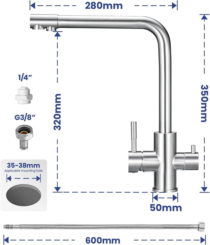 3 Wege Wasserhahn Küche, Küchenarmatur Mit 2 Hebel, Mischbatterie Küche Mit Heissem Und Kaltem Wasse