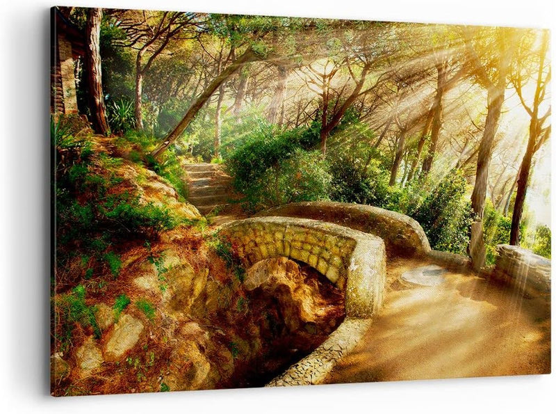 Bilder auf Leinwand 100x70cm Leinwandbild Pfad Steinbrücke Wald Herbst Gross Wanddeko Bild Schlafzim