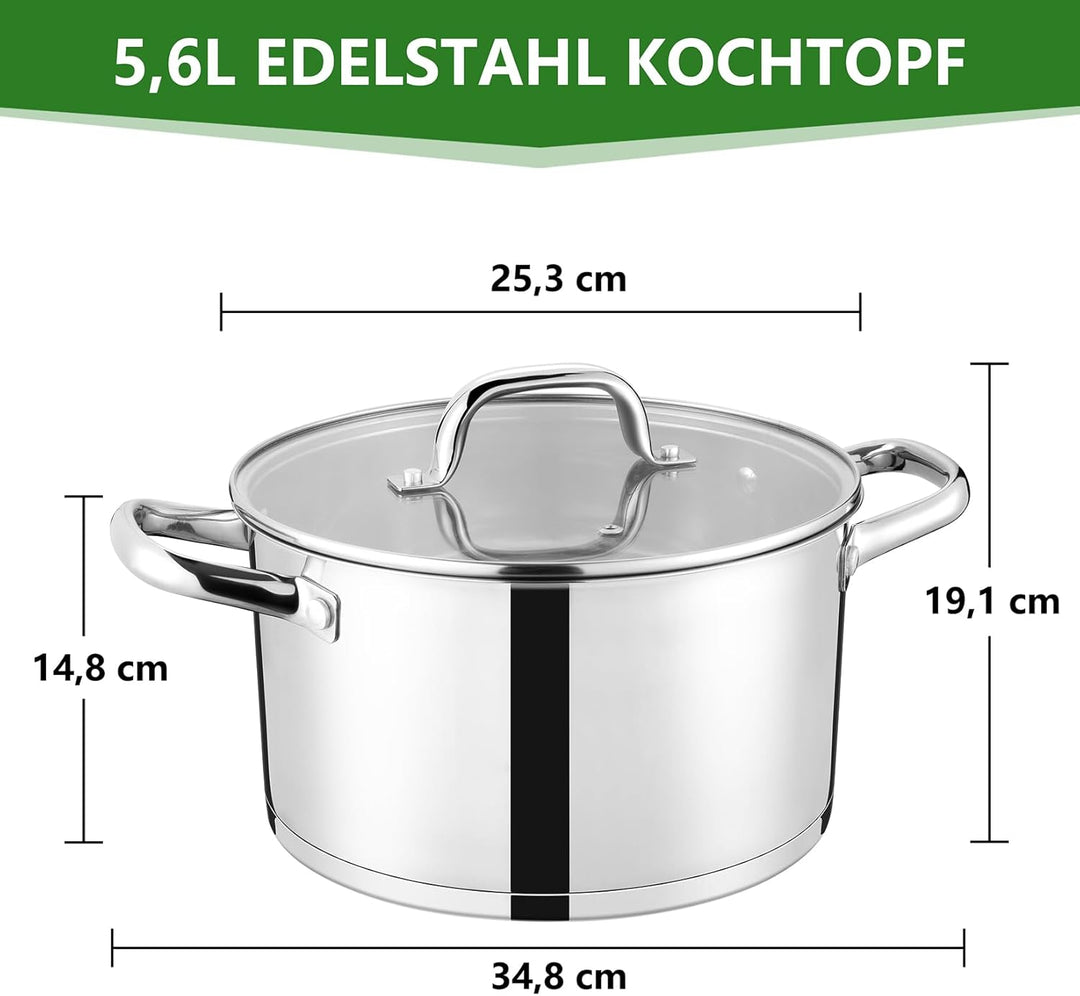 24cm Kochtopf, Onader 3-Lagiger Boden Edelstahl Topf Induktion mit Glasdeckel, 5,6L Nudeltopf Suppen