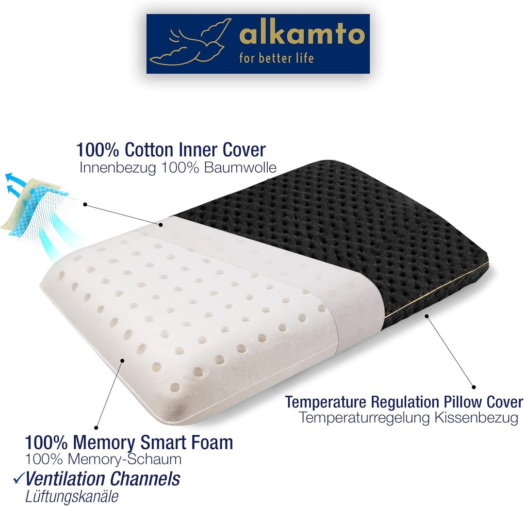 alkamto Reisekissen – Campingkissen – Ergonomisches Memory-Schaum-Kissen mit Temperaturregulierendem