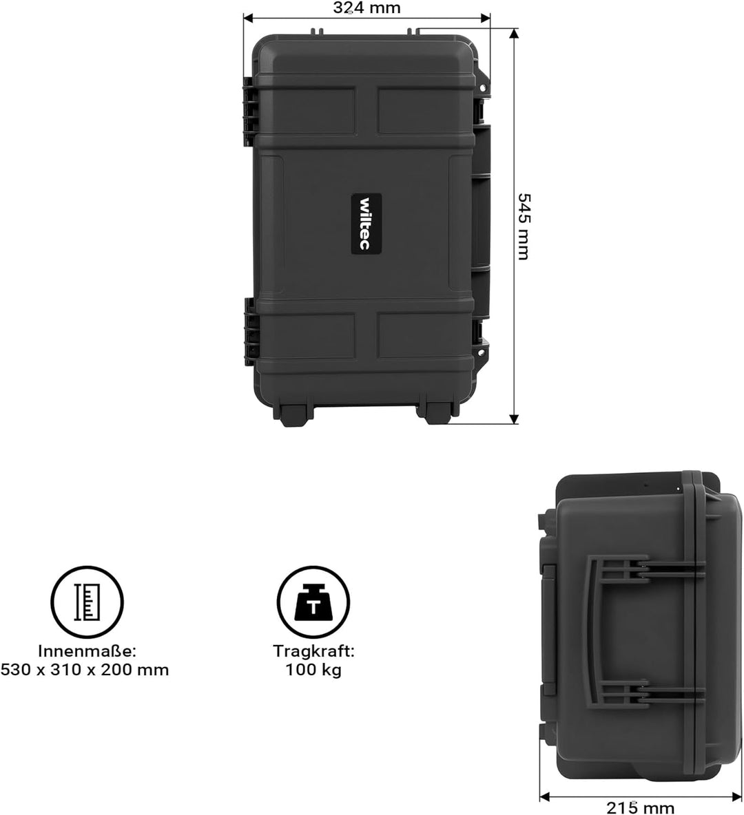 Wiltec Universalkoffer 54,5 x 32,4 x 21,5 cm, wasserdichter Transportkoffer mit Rollen, Schutzkoffer