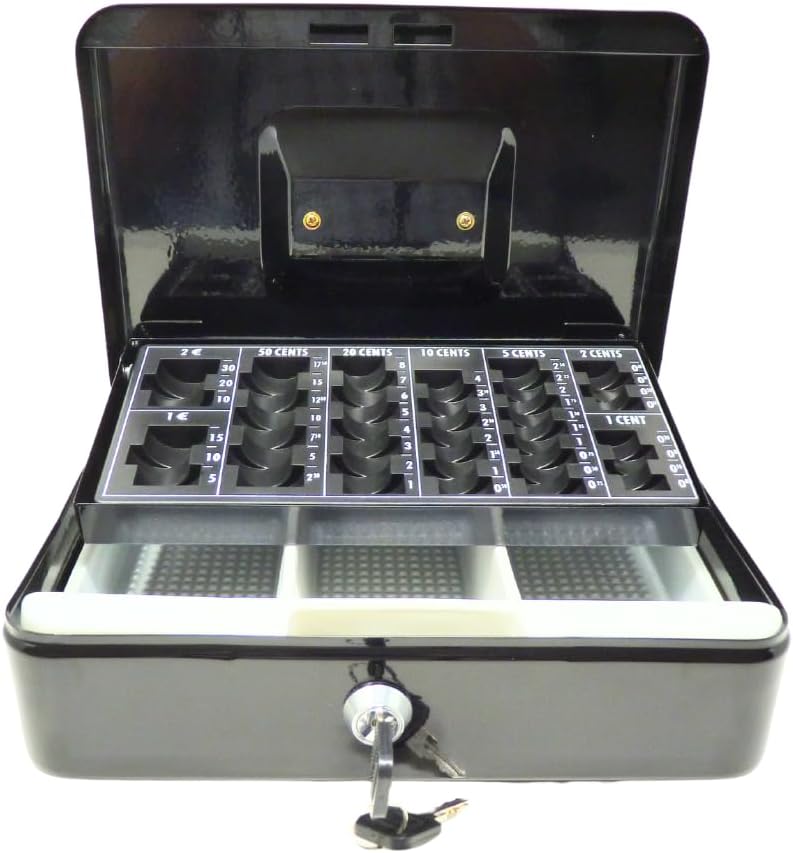 Geldkassette aus Metall - Schwarz mit Münzeinsatz - 250 x 180 x 90 mm, Schwarz