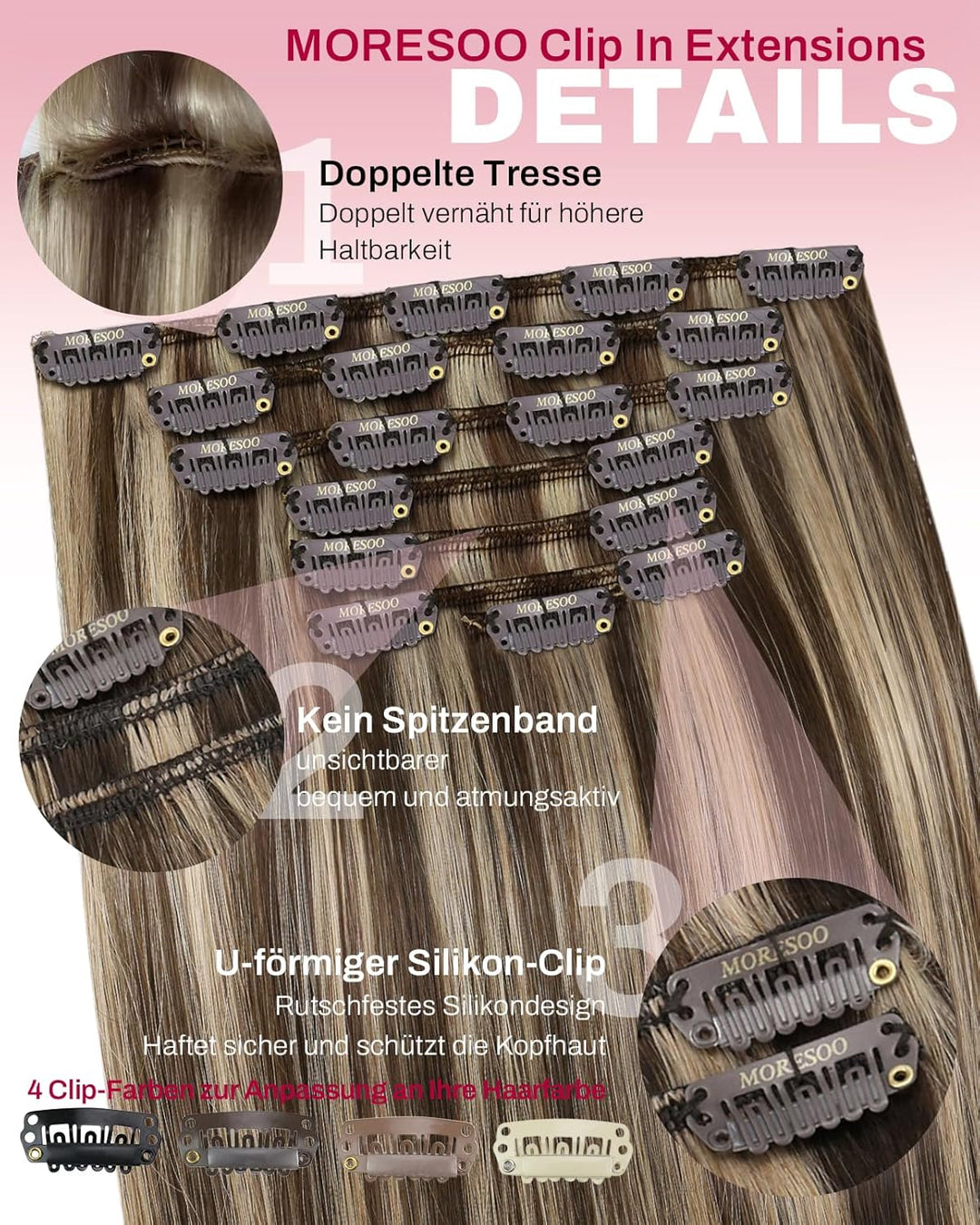 Moresoo Echthaar Extensions Clip in Haarverlängerung Remy Echthaar Clip in Extensions Echthaar Dunke