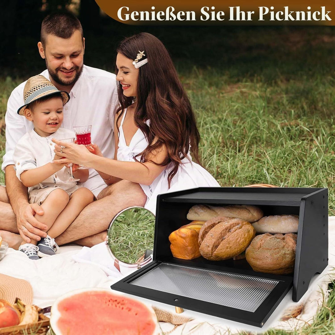 R S Trade Brotkasten Schwarz für Brotaufbewahrung, Brotkasten Bambus Holz Brotbox für Selbstgebacken