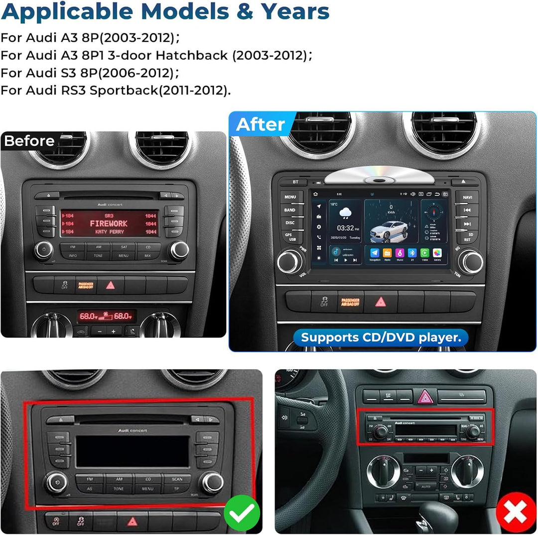 NVGOTEV Android 13 Autoradio für Audi A3 S3 RS3 2003-2012, 7 Zoll Radio mit GPS Navi DAB+ FM RDS 4G