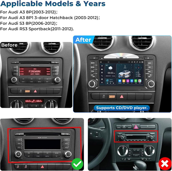 NVGOTEV Android 13 Autoradio für Audi A3 S3 RS3 2003-2012, 7 Zoll Radio mit GPS Navi DAB+ FM RDS 4G