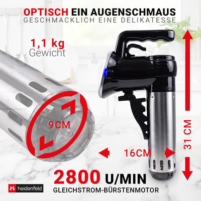 Heidenfeld Sous Vide Garer HF-SV300 - 𝟯 𝐉𝐀𝐇𝐑𝐄 𝐆𝐀𝐑𝐀𝐍𝐓𝐈𝐄 auf Sous Vide Stick - App Steuerung - 1.000 W