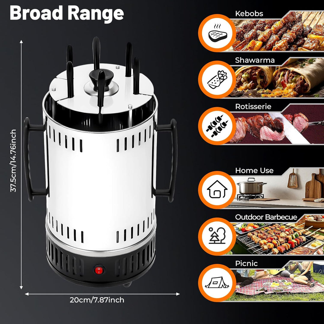 1000W Elektrischer Vertikal Grill mit 6 Spiessen Freistehend Vertikaler Elektrogrill Edelstahl Drehg