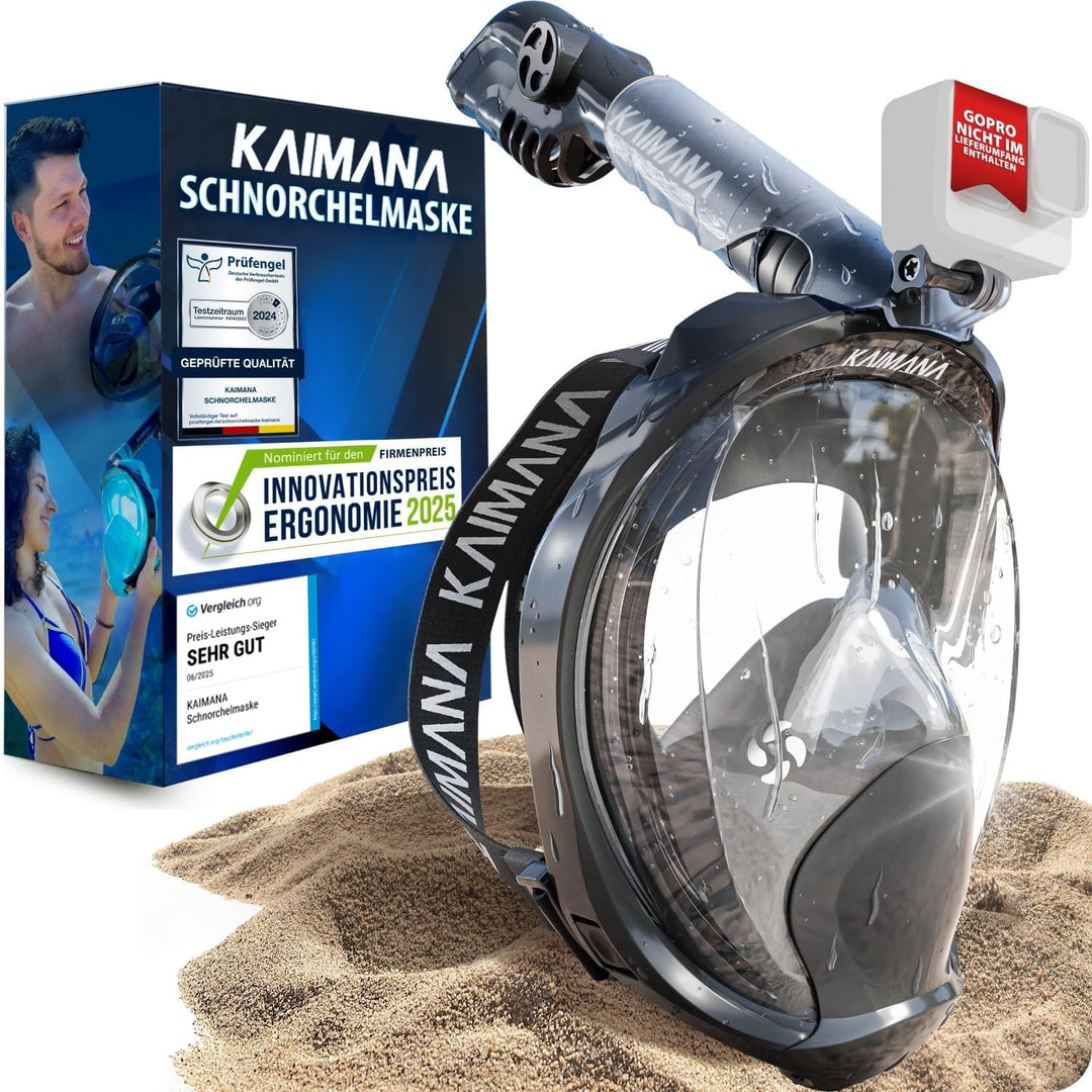 Die Preisgekrönte KAIMANA® Schnorchelmaske Kinder & Erwachsene - absolut CO₂ sicher - inkl. Tragetas
