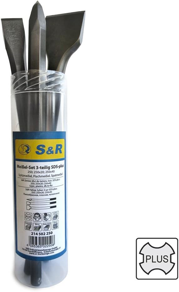 S&R Meissel-Set 3-tlg. Made in Germany in Industrie-Qualität, SDS-plus, Spatmeissel, Flachmeissel, S