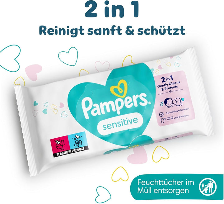 Pampers Sensitive Feuchttücher 12 Packungen mit 52 Stück - 624 Feuchttücher, ohne Duft, für eine san