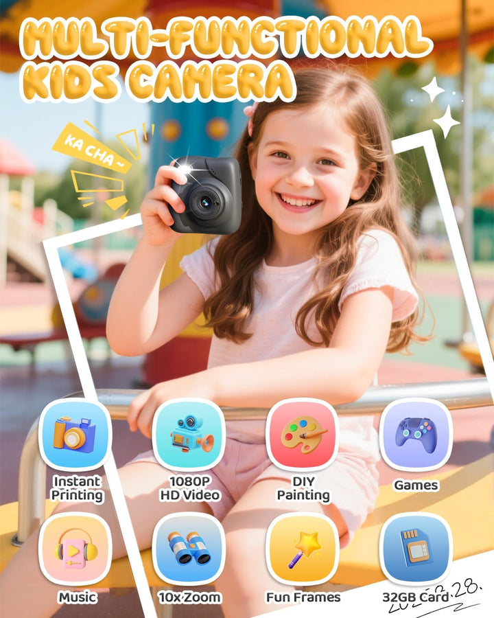 CAMCLID Kinderkamera Sofortbildkamera, 1080P Sofortbildkamera Kinder mit 32GB Karte & 3 Rollen Druck