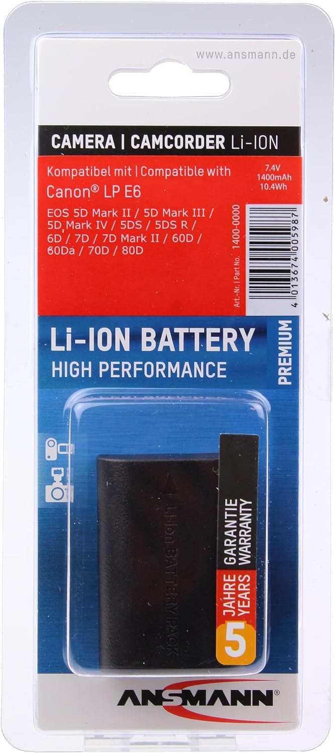ANSMANN Kamera Akku LP E6 Li-Ion 7,4V 1400mAh - ideal für Canon Eos 80D, 70D, 60Da, 60D, 7D Mark II,