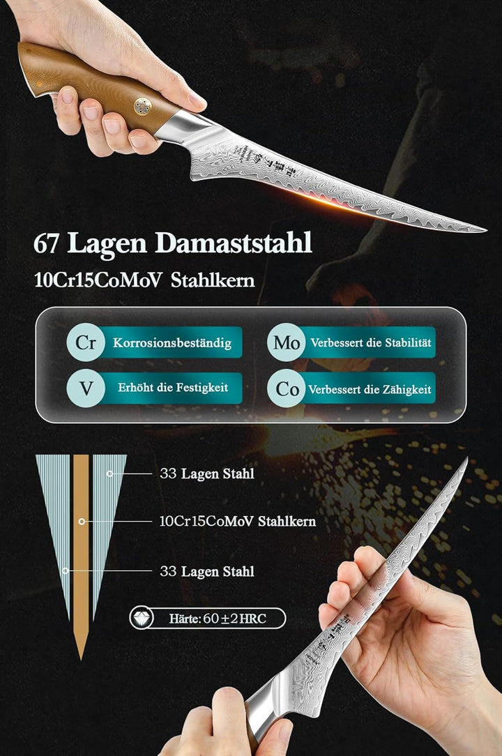 HEZHEN Damaststahl Filetiermesser, Professionelles Fischmesser, Damast Ausbeinmesser Profi, Full Tan