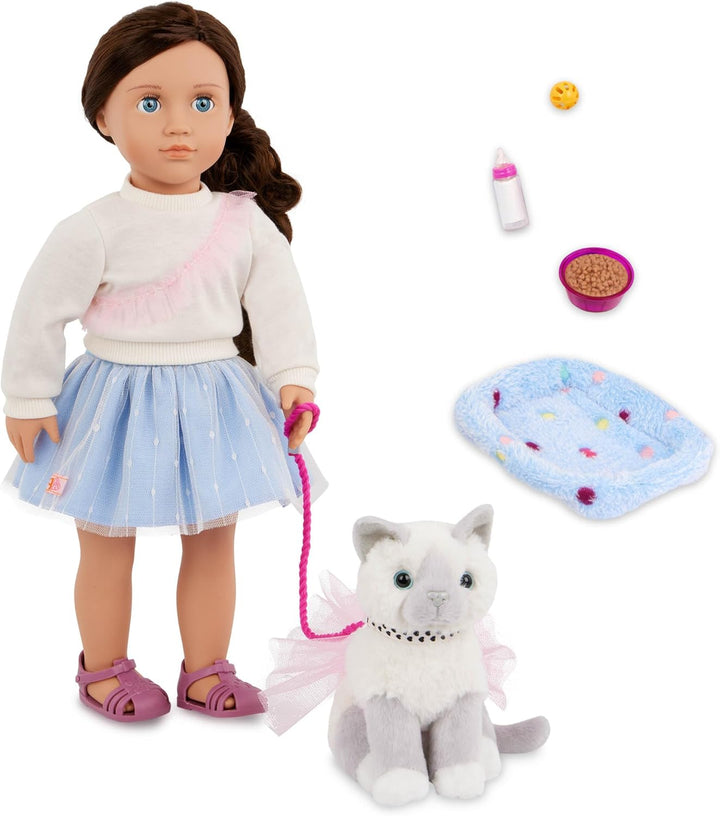 Our Generation – Mindy & Pepper – 46 cm-Puppe & Haustier-Katzen-Set – Plüschtier Katze – Haustierbet