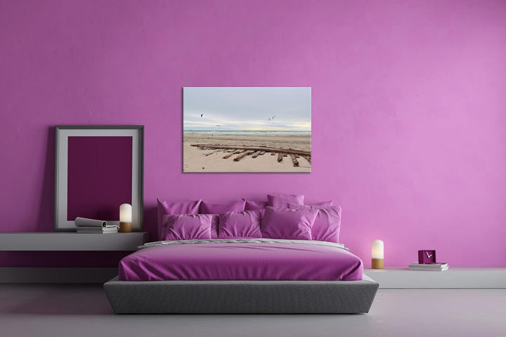 deyoli Sandstrand mit Möwen im Format: 80x60 als Leinwandbild, Motiv fertig gerahmt auf Echtholzrahm