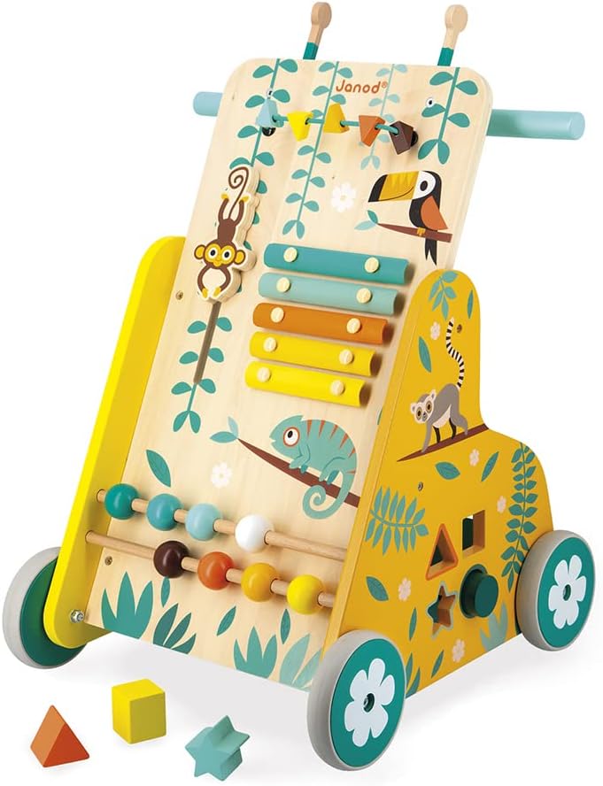 Janod - Multi-Aktivitätswagen Tropik - Laufwagen aus Holz - Lernspielzeug mit 6 Aktivitäten - Leise