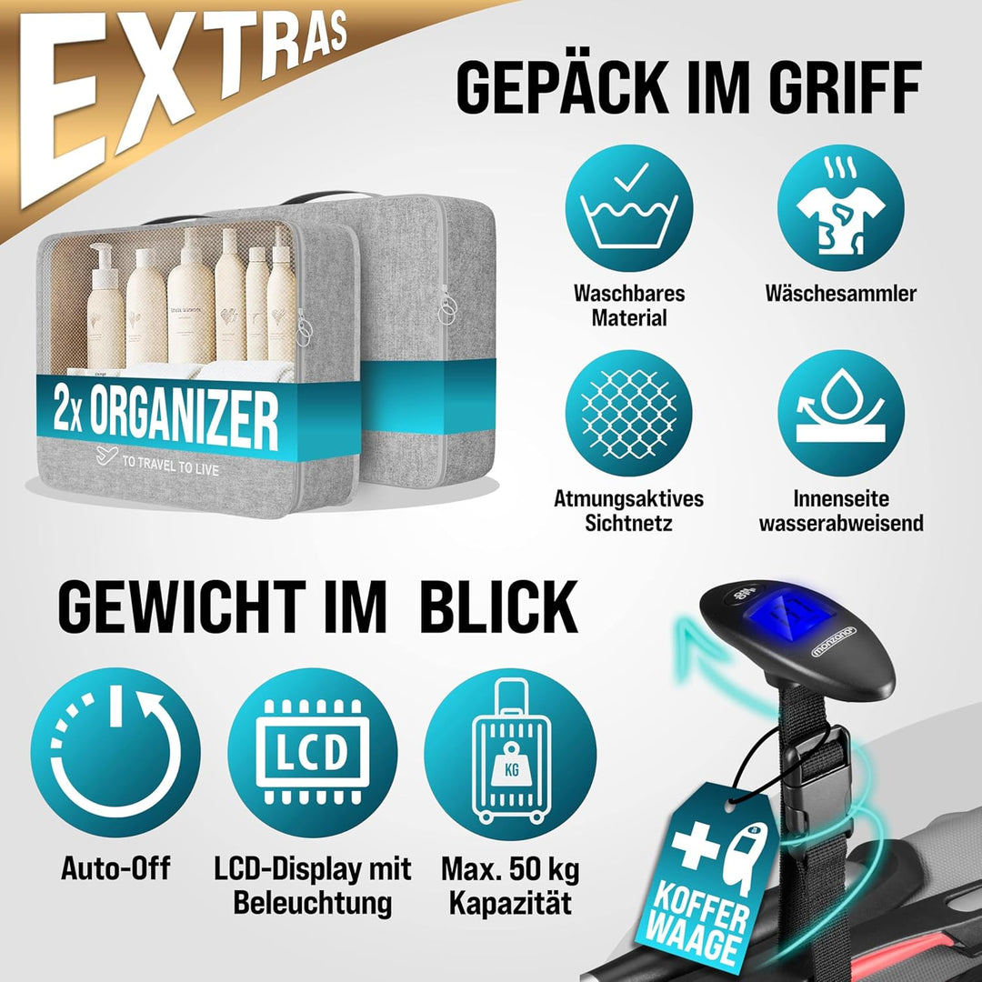 Monzana® 4tlg Kofferset Schloss Organizer Kofferwaage Gurt Gel-Griffe Zwillingsrollen Standfüsse Tro