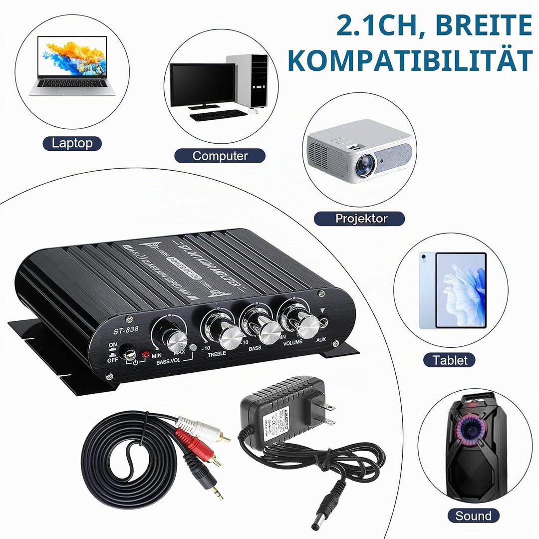 Bluetooth HiFi Audio Verstärker, RMS 80Wx2+80W ST-838 Mini Hifi Verstärker mit Bluetooth Subwoofer A