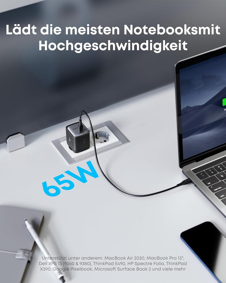 Anker Nano II 65W USB-C Ladegerät Netzteil mit Schnellladeleistung, GaN II Technologie, Kompatibel m