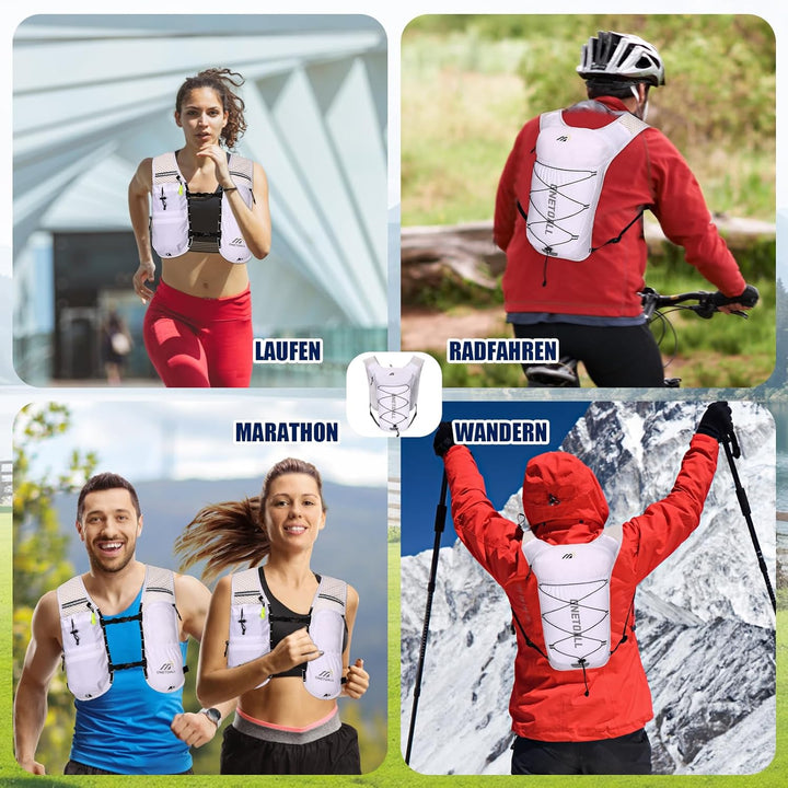 Laufweste Damen mit 500ml Trinkflasche/2L Trinkblase, Leichter Trinkrucksack Laufen Herren 6L, Runin