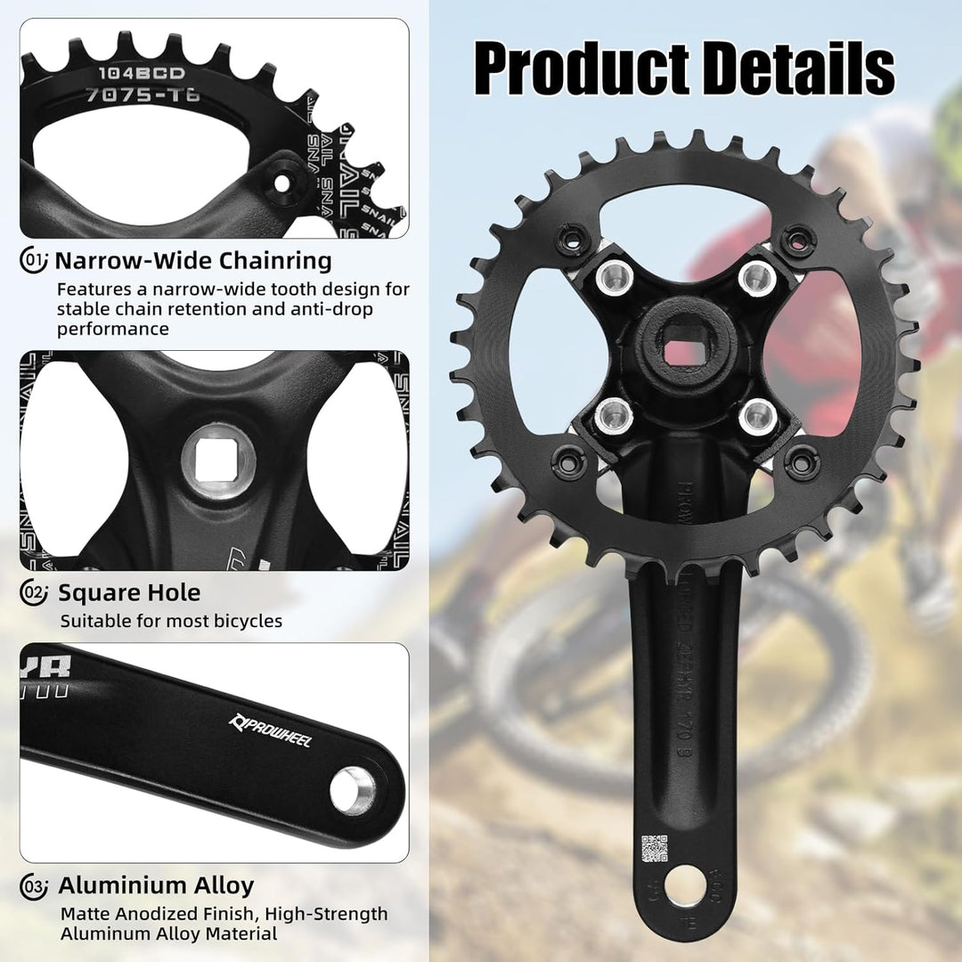 splumzer 170mm Vierkantkurbel für Mountainbike mit 104 Lochkreis 32/34/36/38T Kettenblatt, Wide Narr