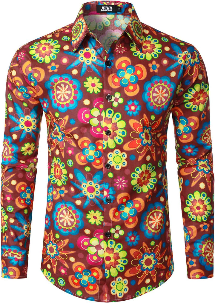 JOGAL Herren Regular Fit Floral Business Hemd Langarm Button Down Print Freizeithemd M Weinrot, M We