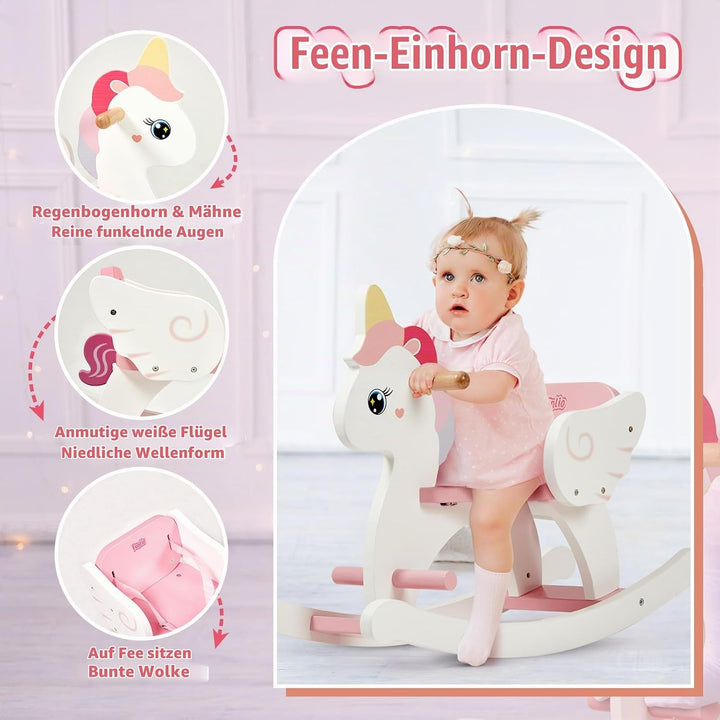 FUNLIO Einhorn Schaukelpferd Holz für 0,5-3 Jahre, Niedliches Schaukelpferd Baby mit Sicherheitsgurt