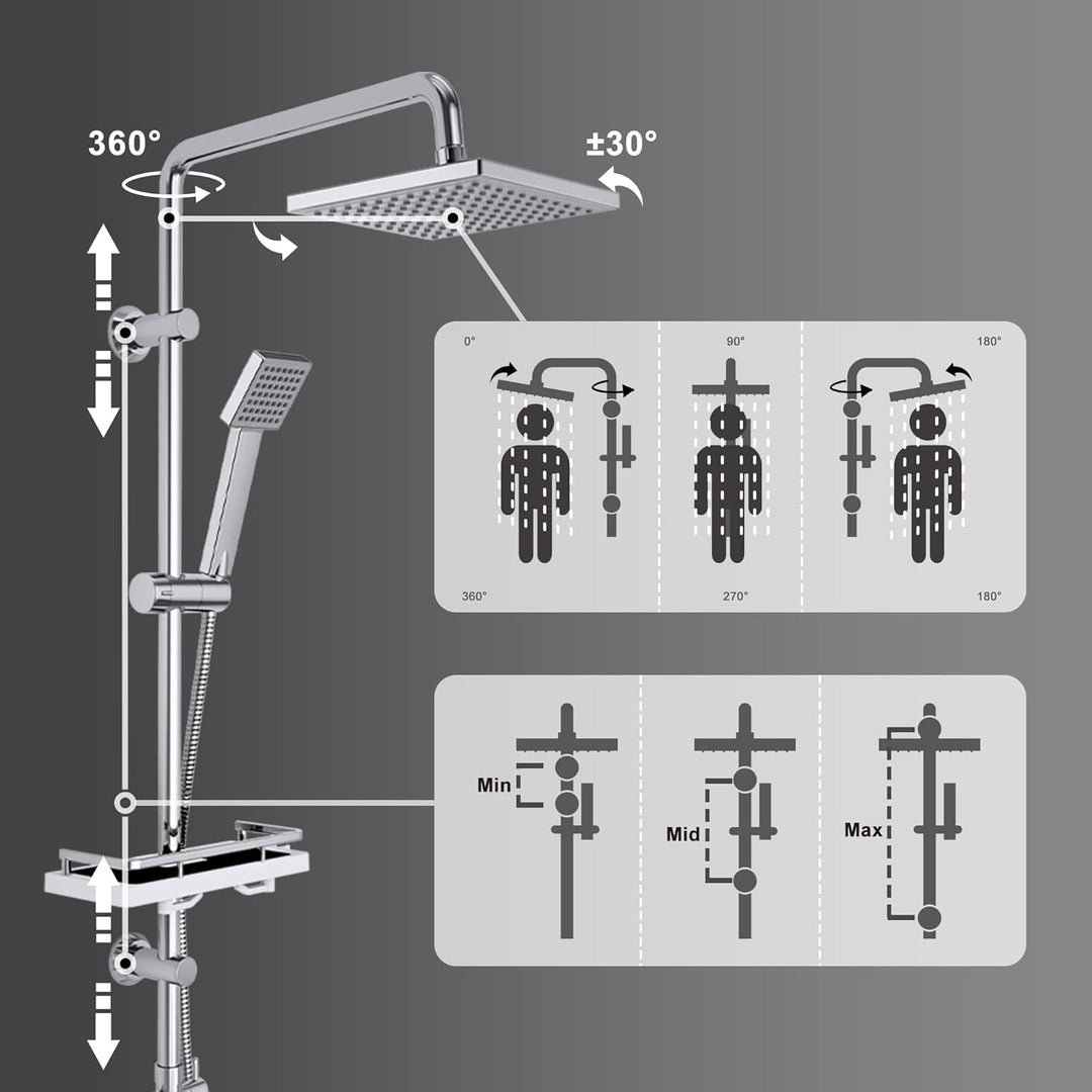 Görbach Regendusche Duschset ohne Armatur, Edelstahl Duschsystem mit Ablage, Duschstange set mit Kop