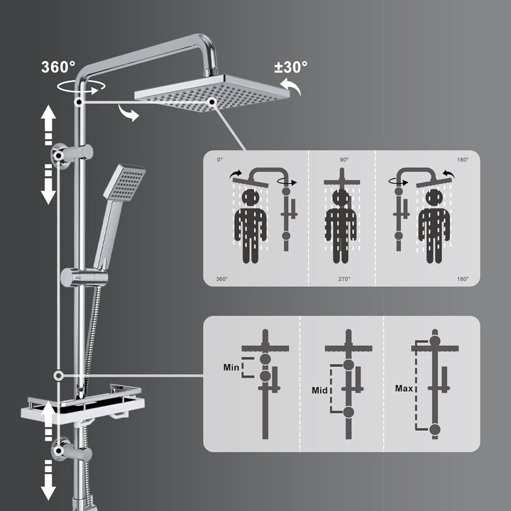 Görbach Regendusche Duschset ohne Armatur, Edelstahl Duschsystem mit Ablage, Duschstange set mit Kop