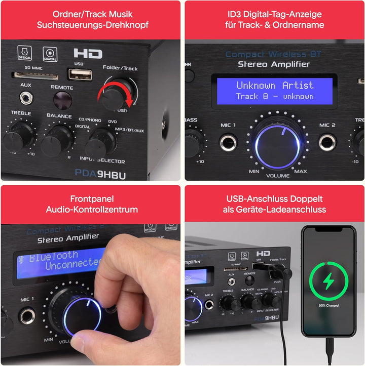 Pyle HiFi Verstärker, 200W Bluetooth Stereo Receiver mit HDMI, USB, UKW, AUX & Mic- Eingang, Mehrkan