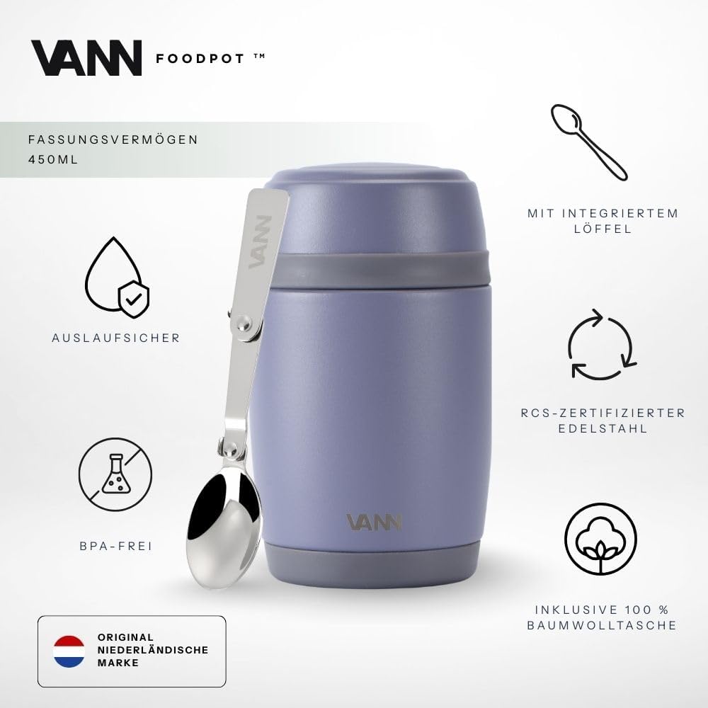VANN Thermobecher für Essen 450 ml – Thermobehälter [16h kalt, 9h warm] – Recycelte Edelstahl Thermo