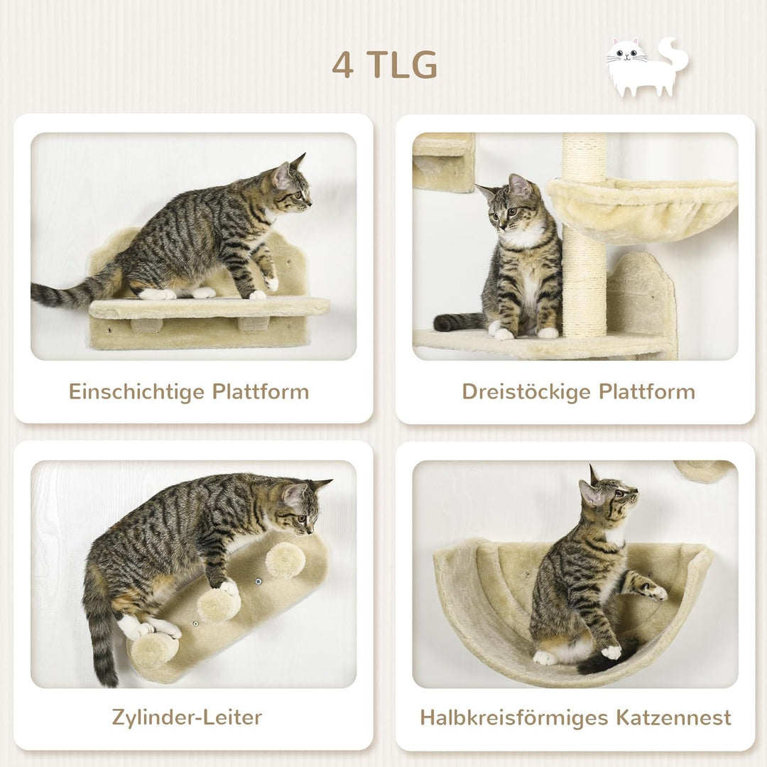 PawHut Kletterwand Katzen 4-teilig Katzen Kletterwand Set mit Kaztentreppe, Katzenbrücke, Hängematte