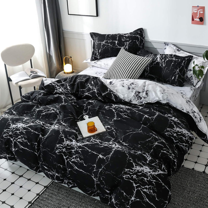 OLDBIAO Damen Bettwäsche 155x220cm mit Kissenbezug 80x80cm, Schwarz Weiss Marmor Bettbezug Set 2 Tei