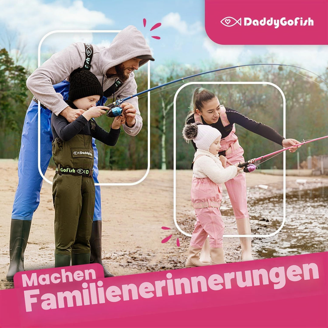 DaddyGoFish Kinder Angelset - Teleskoprute & Rolle Combo mit Klappstuhl, Rutenhalter, Tackle Box, Kö