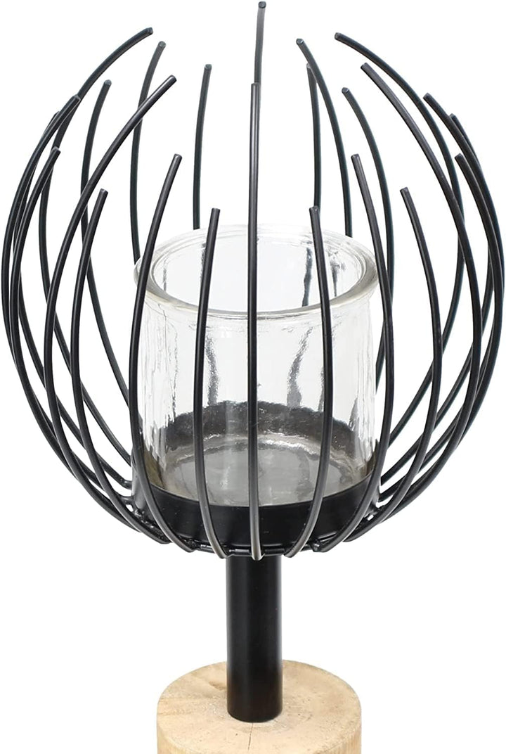 Windlichtsäule Kugel aus Holz & Metall, 85 cm hoch, Holzsäule, Dekosäule mit Windlichtglas, Deko für