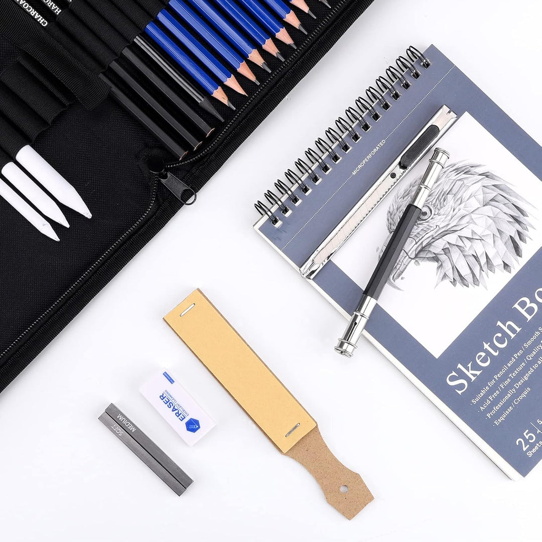 Skizzen Zeichen Bleistift Set 35 Stück Professionelles Zeichenzubehör mit Reissverschluss Tragetasch