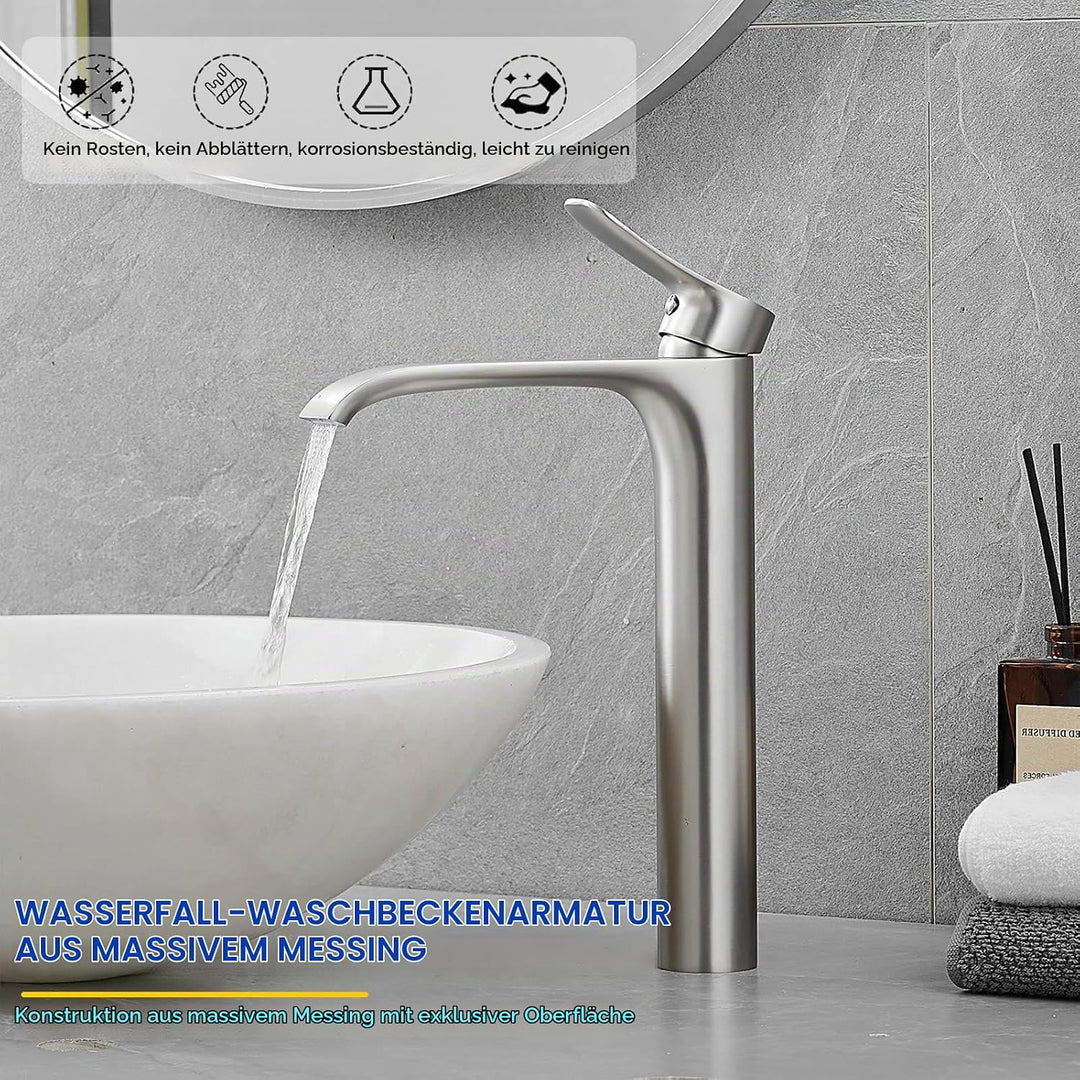 Bad Wasserhahn Wasserfall Badarmatur Hoch Waschtischarmatur Einhebel Mischbatterie, Silber (Gebürste